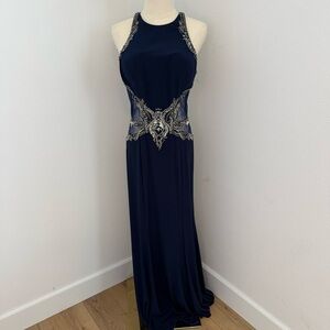 Sean Collection Navy Evening Gown with Silver Embellishment - Size 10